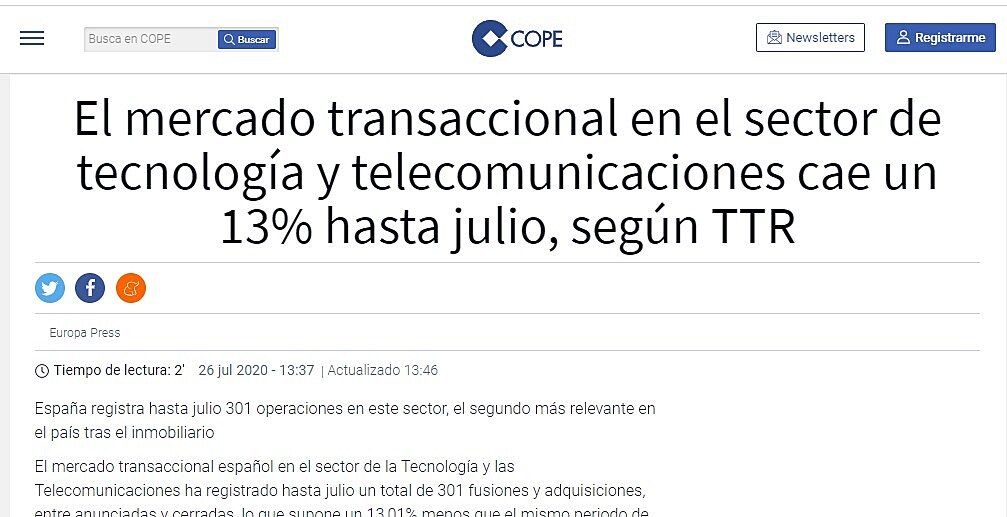 El mercado transaccional en el sector de tecnologa y telecomunicaciones cae un 13% hasta julio, segn TTR